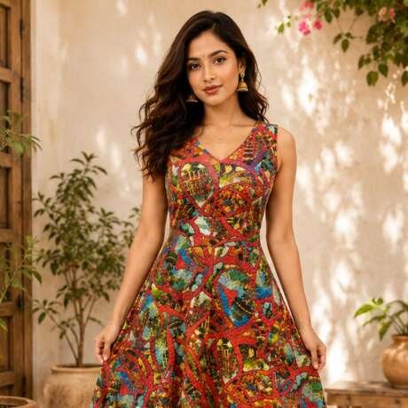 Long red Dress with Leafy designs